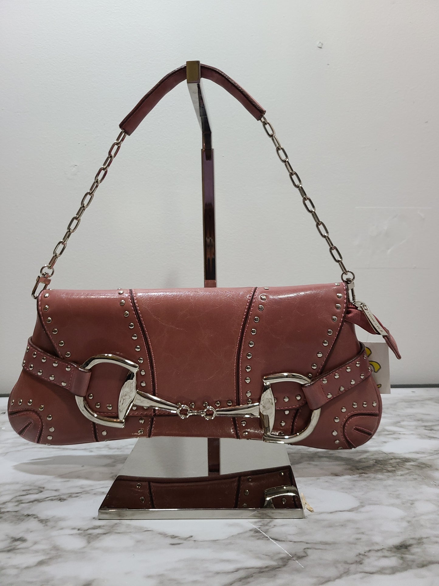 Rina Rich Vintage Horse-bit Design Handbag Pink Leather Clutch Studs