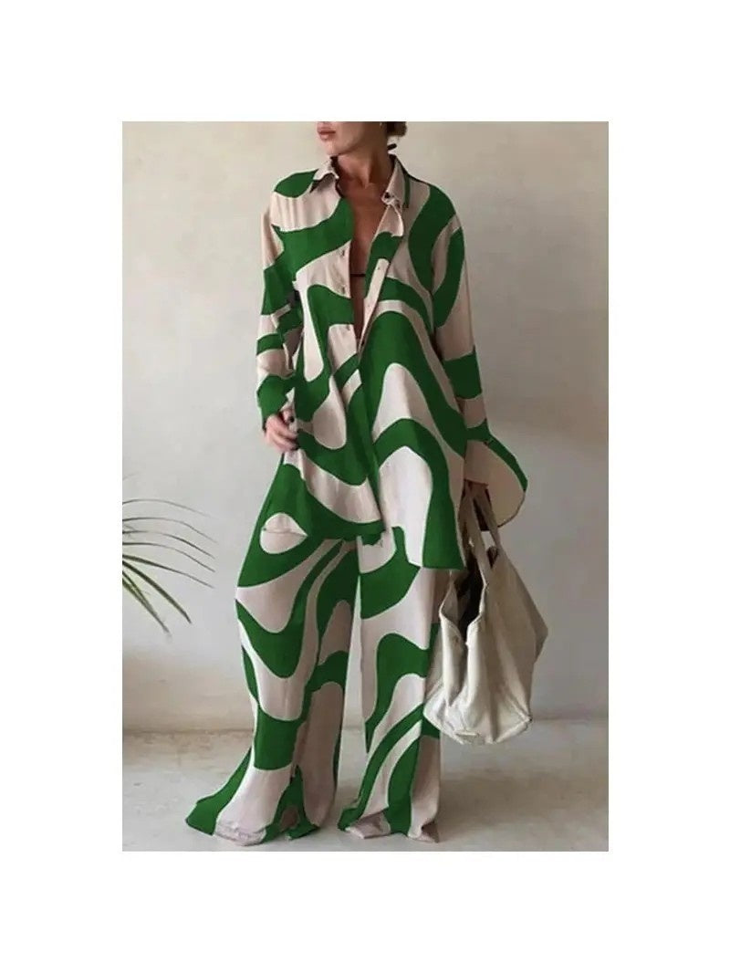 Printed Loose Shirt Straight-Leg Trousers Set - GREEN