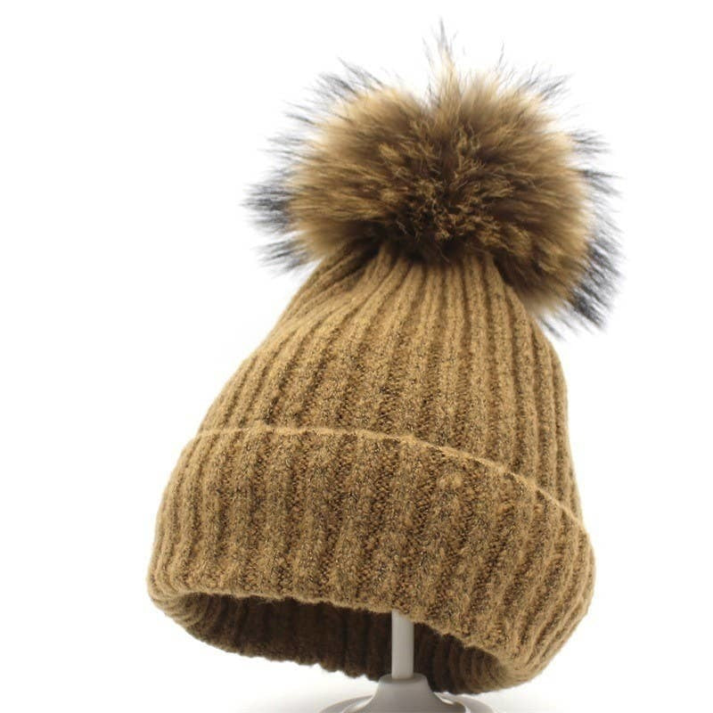 KNIT FASHION WARM HAT WINTER POMPOM BEANIE - KHAKI