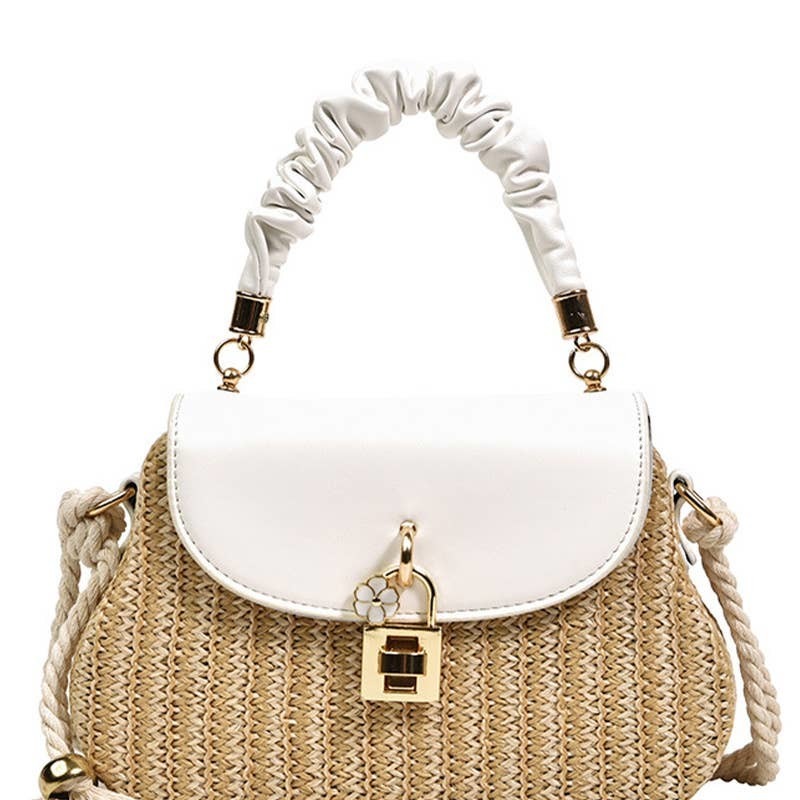 WRINKLED HANDLE RATAN BOX CROSS BAG - WHITE