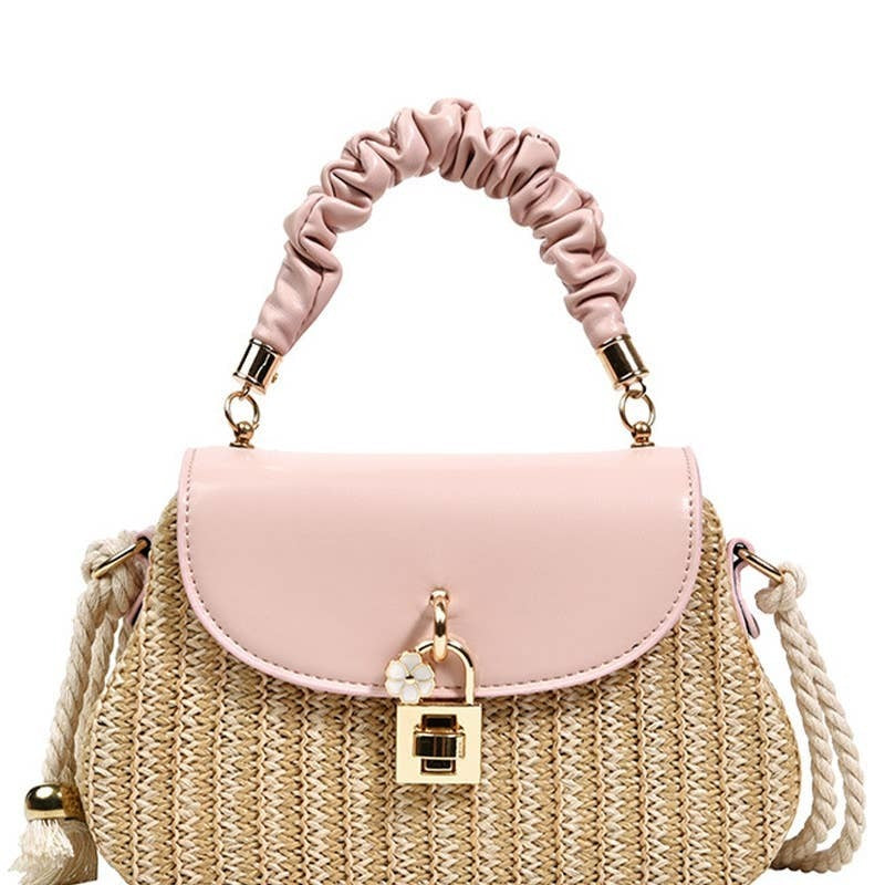 WRINKLED HANDLE RATAN BOX CROSS BAG - PINK