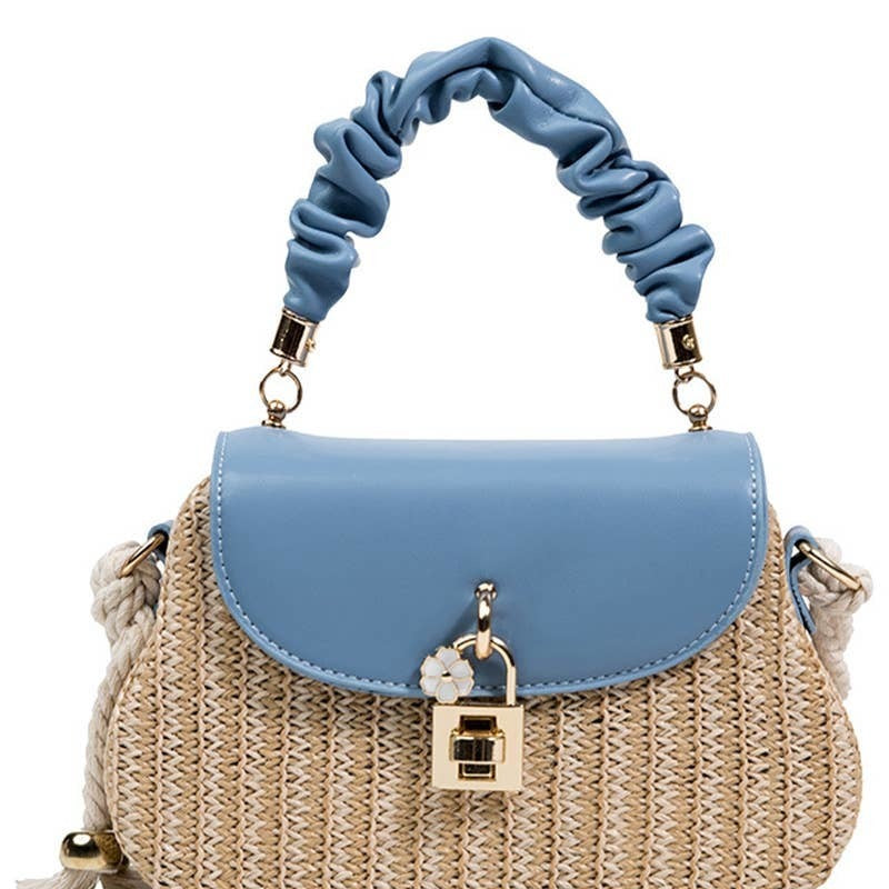 WRINKLED HANDLE RATAN BOX CROSS BAG - BLUE