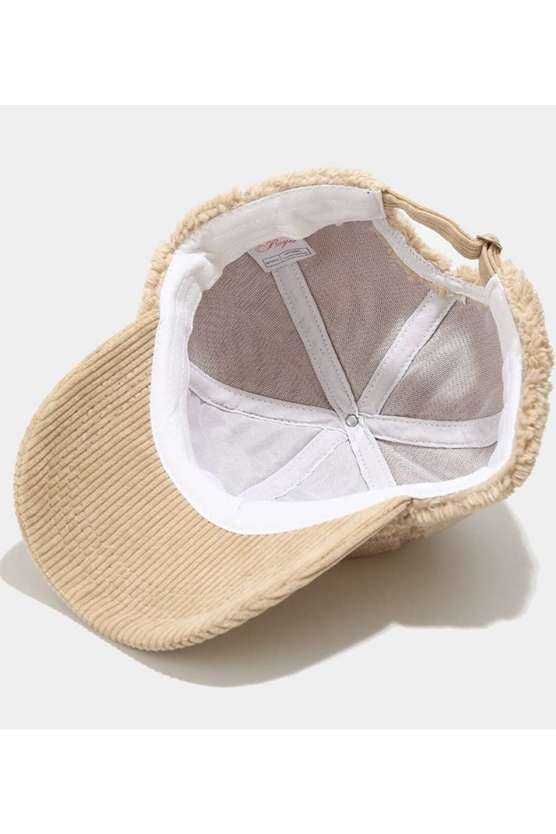 FLEECE CORDUROY BRIM WINTER BASEBALL CAP - BEIGE