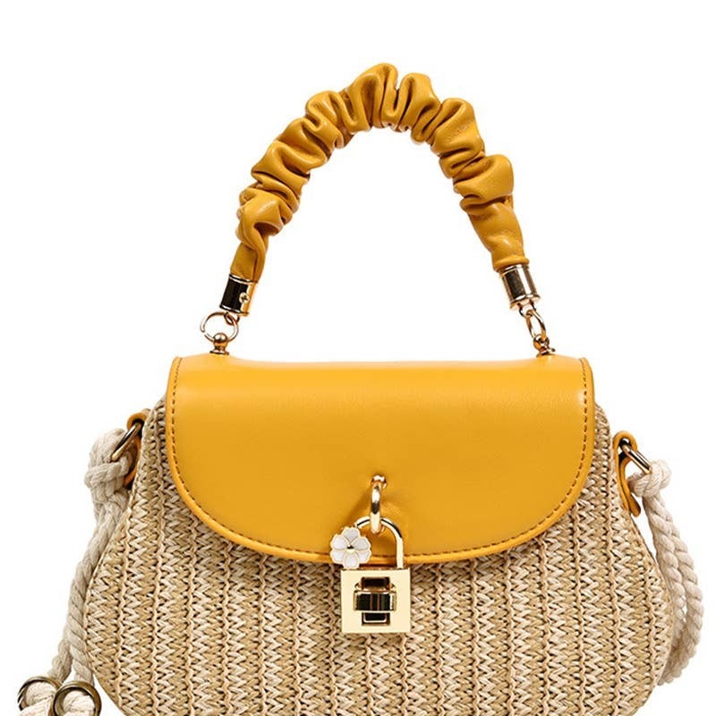 WRINKLED HANDLE RATAN BOX CROSS BAG - YELLOW
