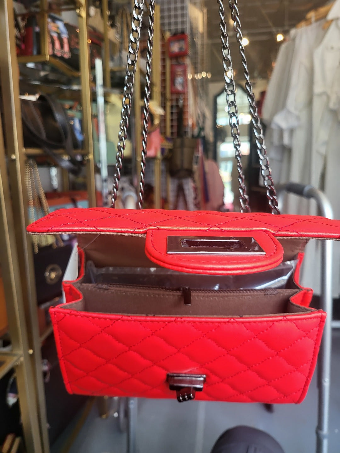 DIAMOND PATTERN QUILTED PURSE SHOULDER BAG - RED