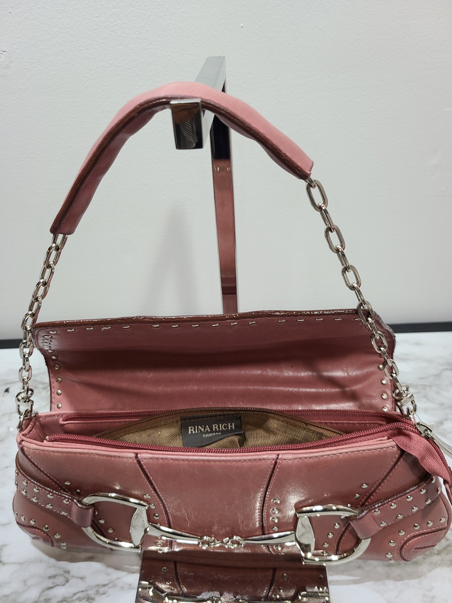 Rina Rich Vintage Horse-bit Design Handbag Pink Leather Clutch Studs