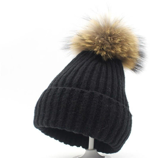 KNIT FASHION WARM HAT WINTER POMPOM BEANIE - BLACK