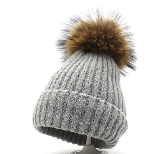 KNIT FASHION WARM HAT WINTER POMPOM BEANIE - LIGHTGREY