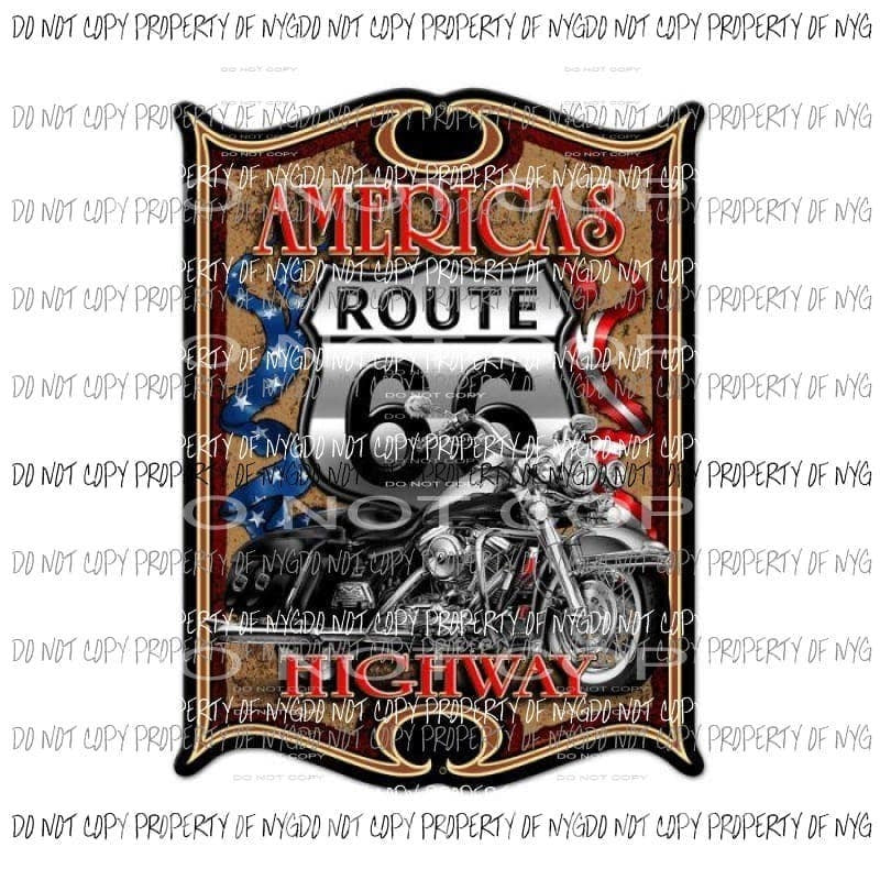 America's Highway Route 66 sign motorcycle Sublimation transfers - adult 13x9 inches