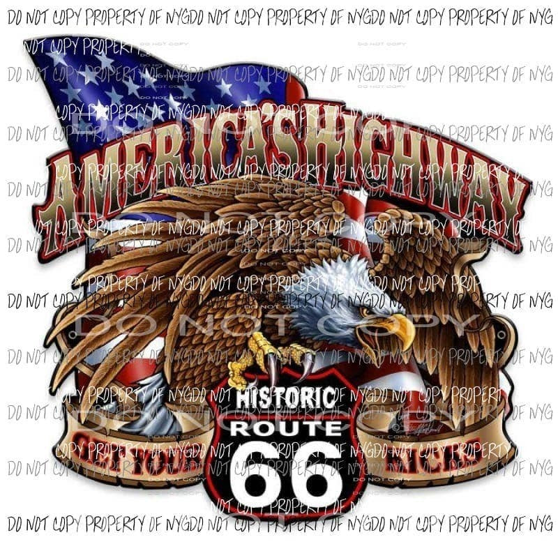 America's Highway Get Your Kicks Route 66 eagle flag Sublimation transfers - adult 13x9 inches