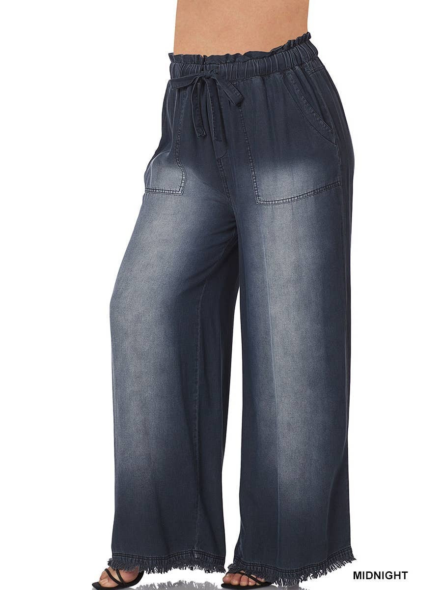 PLUS CHAMBRAY PAPERBAG WAIST WIDE LEG PANTS WITH PO - MIDNIGHT-134820 / 3X