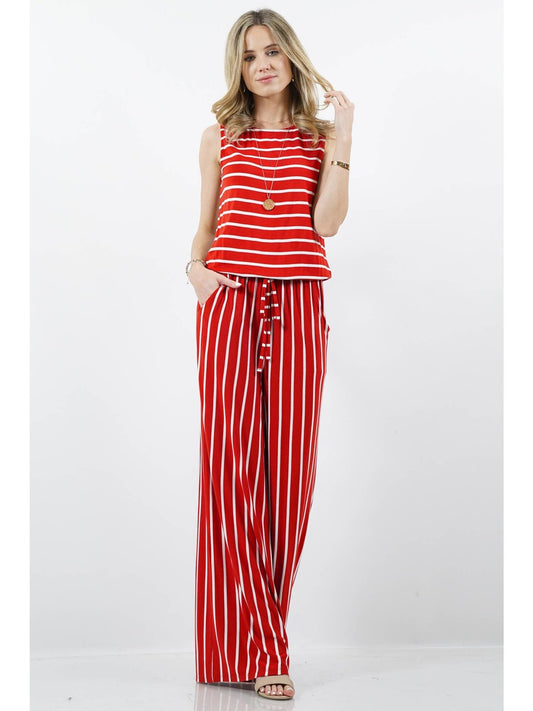 STRIPE SLEEVELESS JUMPSUIT WITH POCKET - RUBY/IVORY