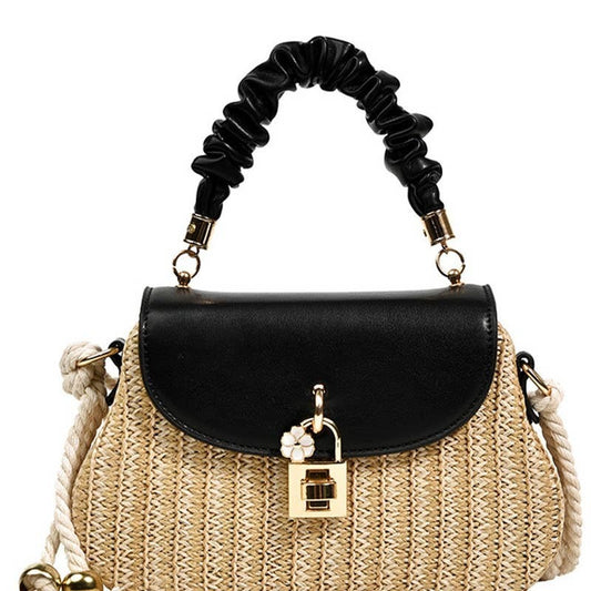 WRINKLED HANDLE RATAN BOX CROSS BAG - BLACK