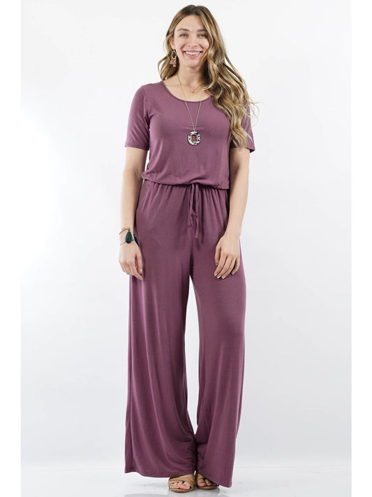 PLUS SIZE JUMPSUIT ELASTIC WAIST BACK KEYHOLE - EGGPLANT