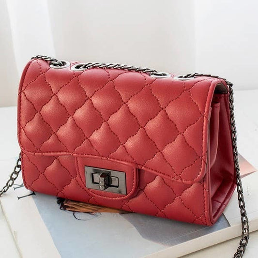 DIAMOND PATTERN QUILTED PURSE SHOULDER BAG - RED
