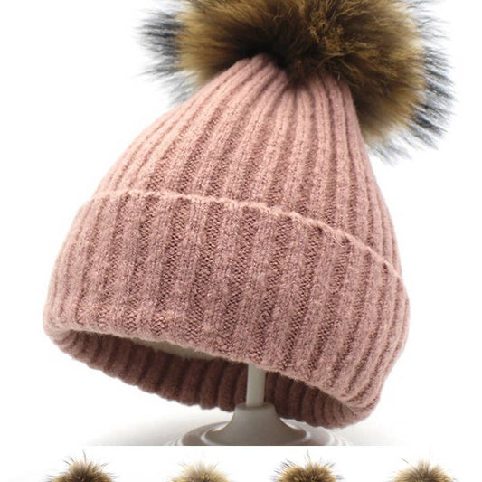 KNIT FASHION WARM HAT WINTER POMPOM BEANIE_CWAH014 - APRICOT / (OS) 1