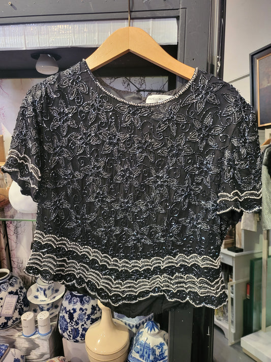 Papell Boutique Evening Vintage Silk Beaded Top Petite Large